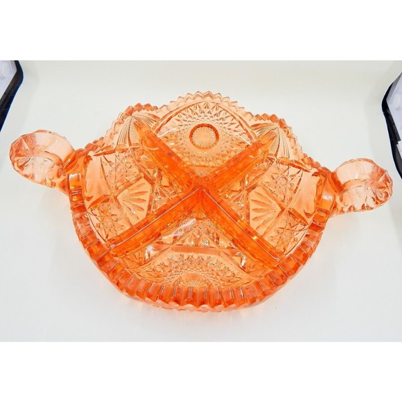 Imperial Pressed Glass Crystal Divided Relish Dish Two Handle Sawtooth Edge - Picture 2 of 11